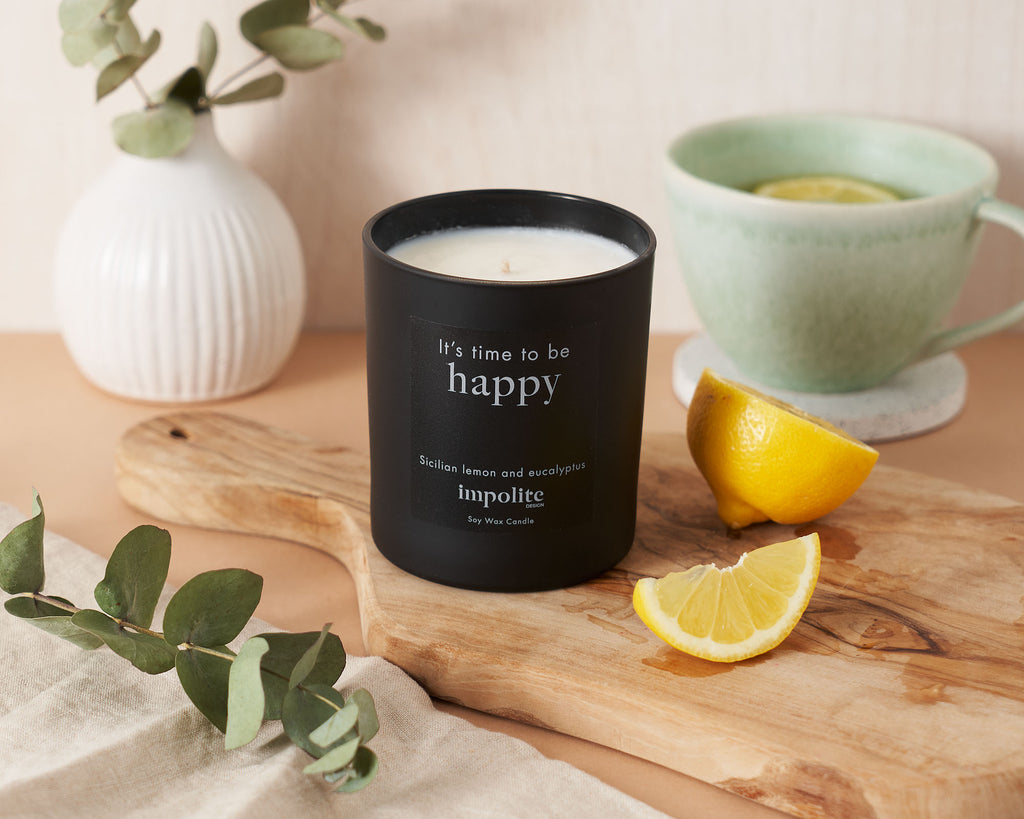 Large lemon and eucalyptus handmade soy wax scented candle positive affirmation gift in black glass