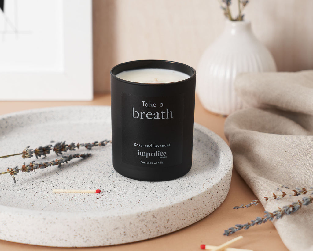 Medium Rose and lavendar handmade soy wax scented candle positive affirmation gift in black glass