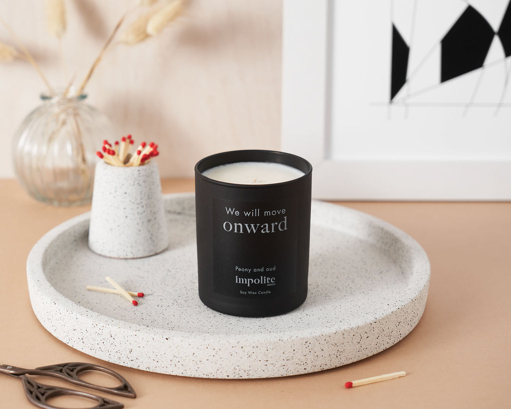 Medium Peony and oud handmade soy wax scented candle positive affirmation condolence gift in black glass