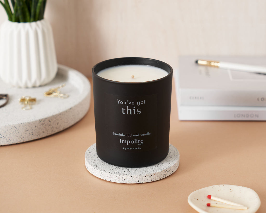 Large Sandalwood and vanilla handmade soy wax scented candle positive affirmation You've Got This gift in black glass