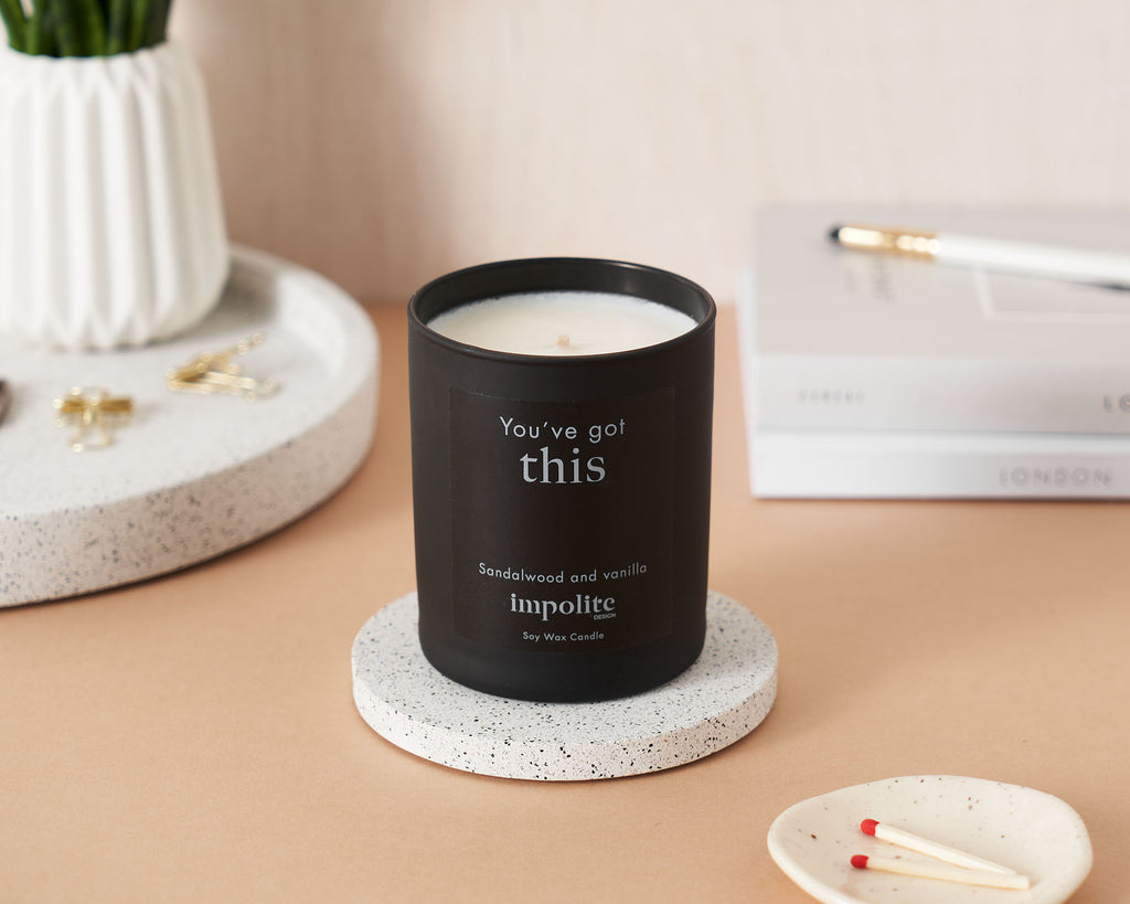 medium Sandalwood and vanilla handmade soy wax scented candle positive affirmation You've Got This gift in black glass