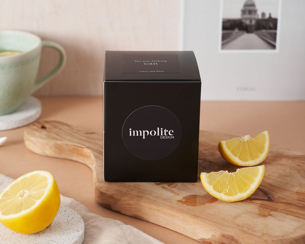 Citrus and basil handmade soy wax scented candle black box packaging positive affirmation gift