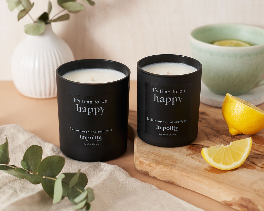 Large medium lemon and eucalyptus handmade soy wax scented candle positive affirmation gift in black glass