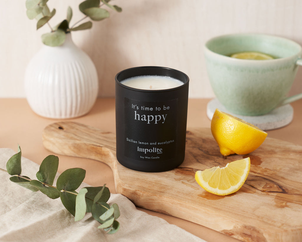 medium lemon and eucalyptus handmade soy wax scented candle positive affirmation gift in black glass
