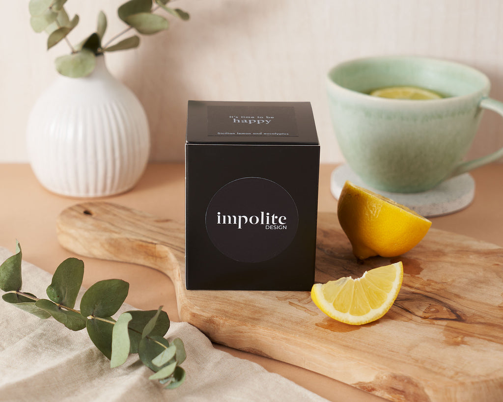Lemon and eucalyptus handmade soy wax scented candle black box packaging positive affirmation gift