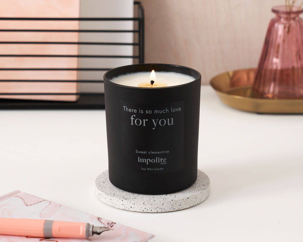 Large clementine orange handmade soy wax scented candle positive affirmation gift in black glass