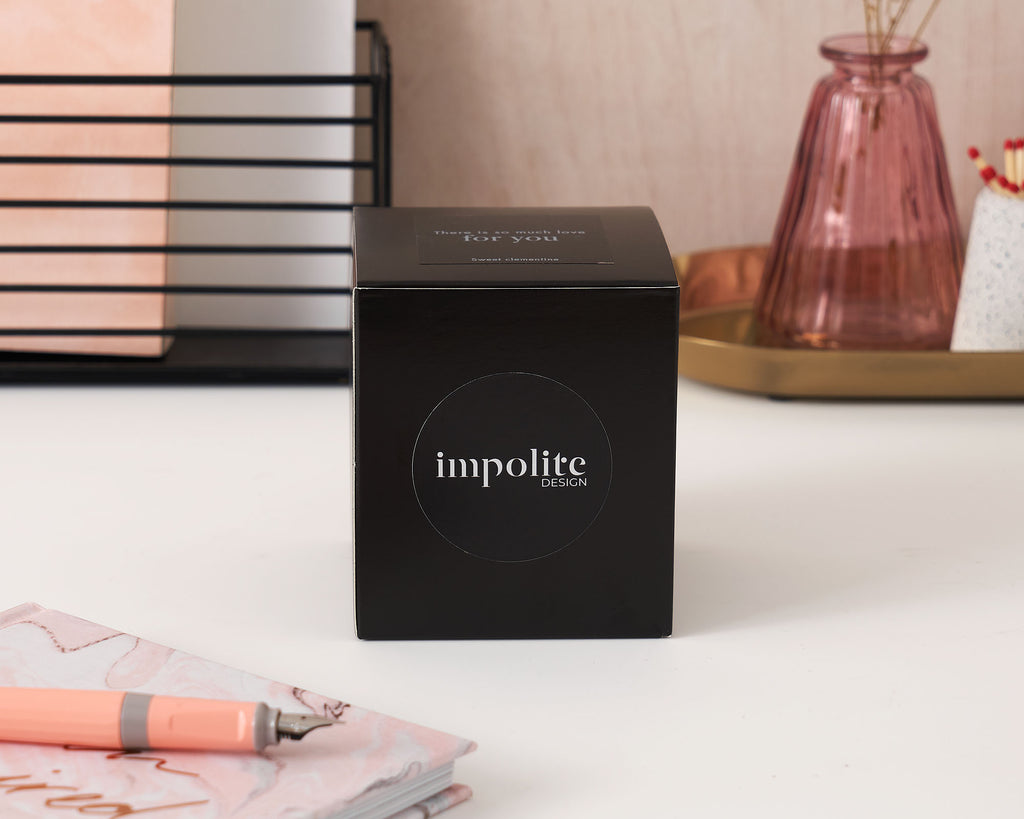 Clementine Orange handmade soy wax scented candle black box packaging positive affirmation gift