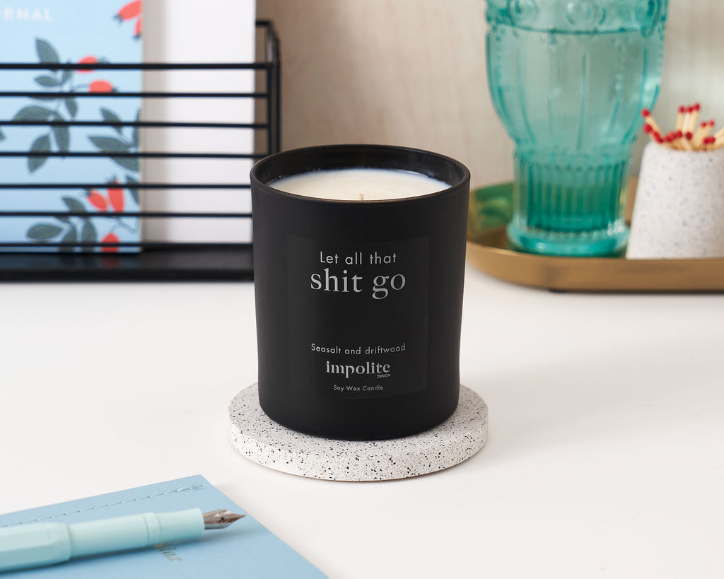 Large Sea salt and driftwood handmade soy wax scented candle positive affirmation gift in black glass
