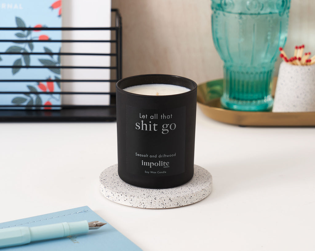 medium Sea salt and driftwood handmade soy wax scented candle positive affirmation gift in black glass