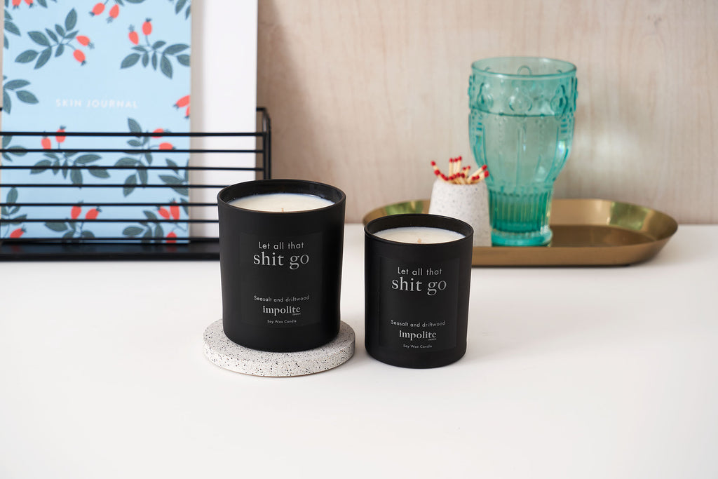 Large medium Sea salt and driftwood handmade soy wax scented candle positive affirmation gift in black glass