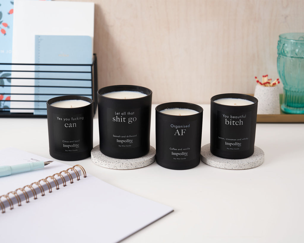 Handmade soy wax positive affirmation scented candles from Impolite Design collection UK