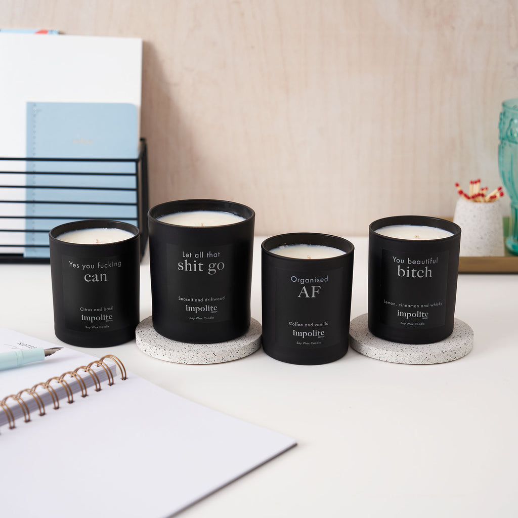 Handmade soy wax positive affirmation scented candles from Impolite Design collection UK