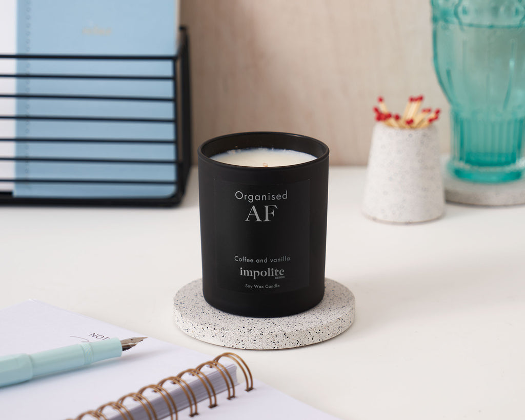 medium coffee and vanilla handmade soy wax scented candle positive affirmation gift in black glass
