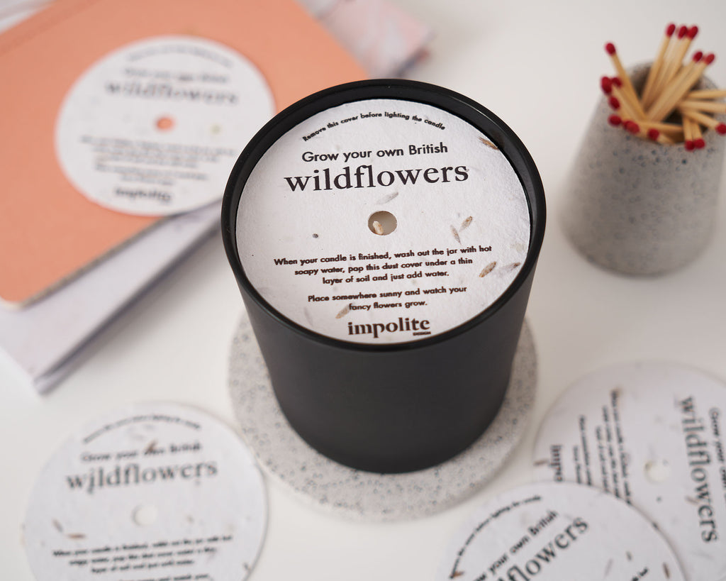 Seeded grow paper candle dust cover branded British wildflowers Impolite Design sustainable enviromentally friendly