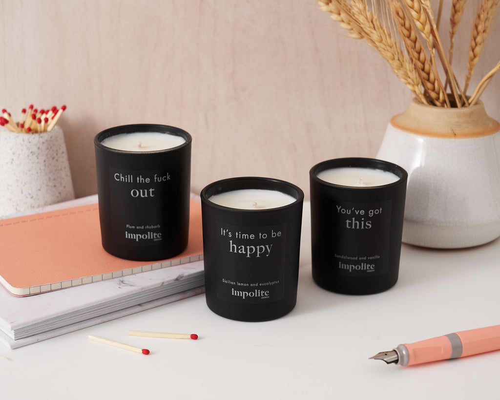 Collection of three mini votive travel soy wax handmade scented candles from gift set