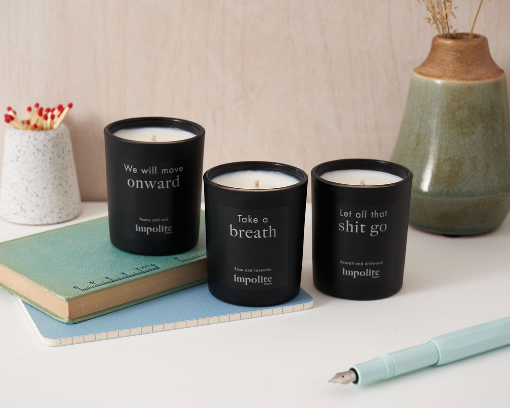 Collection of three mini votive travel soy wax handmade scented candles from gift set