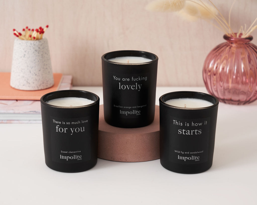 Collection of three mini votive travel soy wax handmade scented candles from gift set