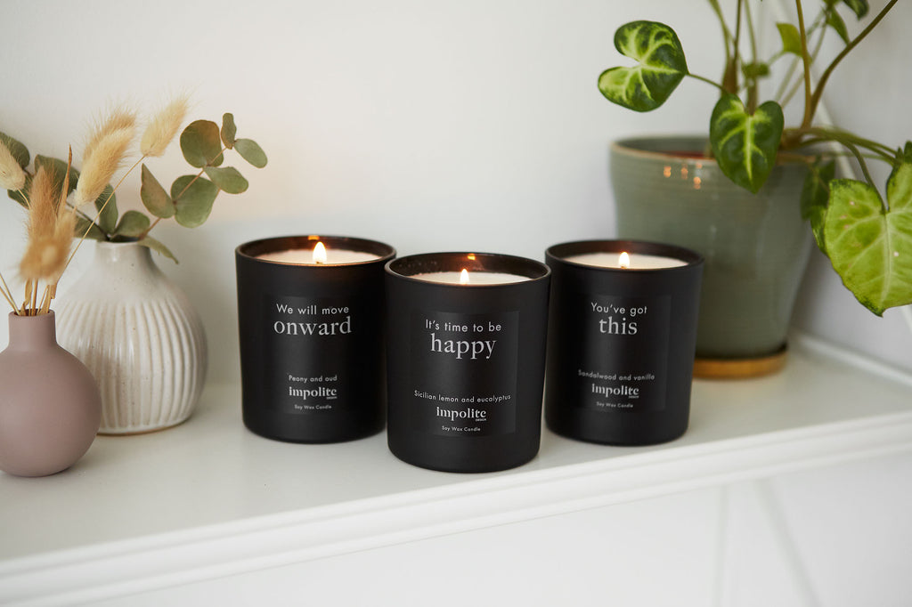 Lifestyle home decor set of three mini travel size scented soy wax affirmation candles