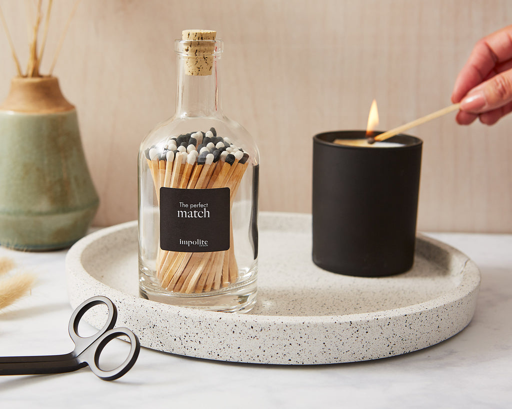 Bottle of extra long coloured matches for burning scented candles