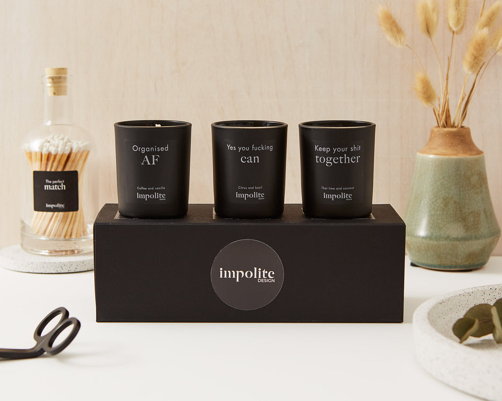 Mini travel votive soy wax handpoured scented candle gift set from Impolite Design UK