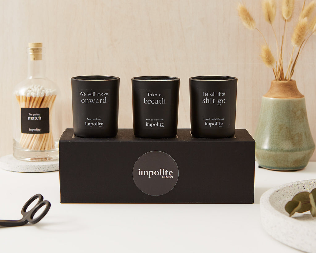 Mini travel votive soy wax handpoured scented candle gift set from Impolite Design UK