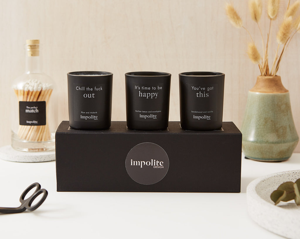 Mini travel votive soy wax handpoured scented candle gift set from Impolite Design UK
